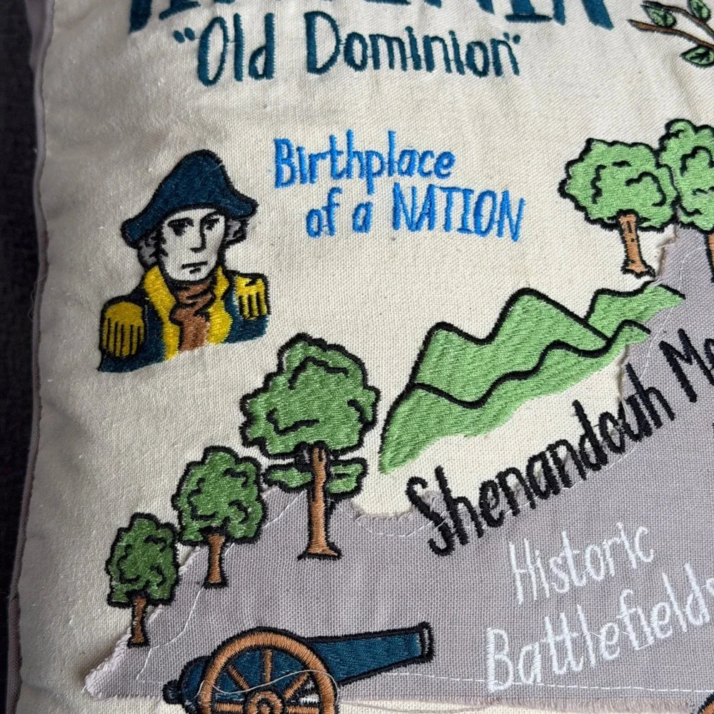 Catstudio Virginia State Hand Embroidered Pillow Old Dominion Retro Map Accent